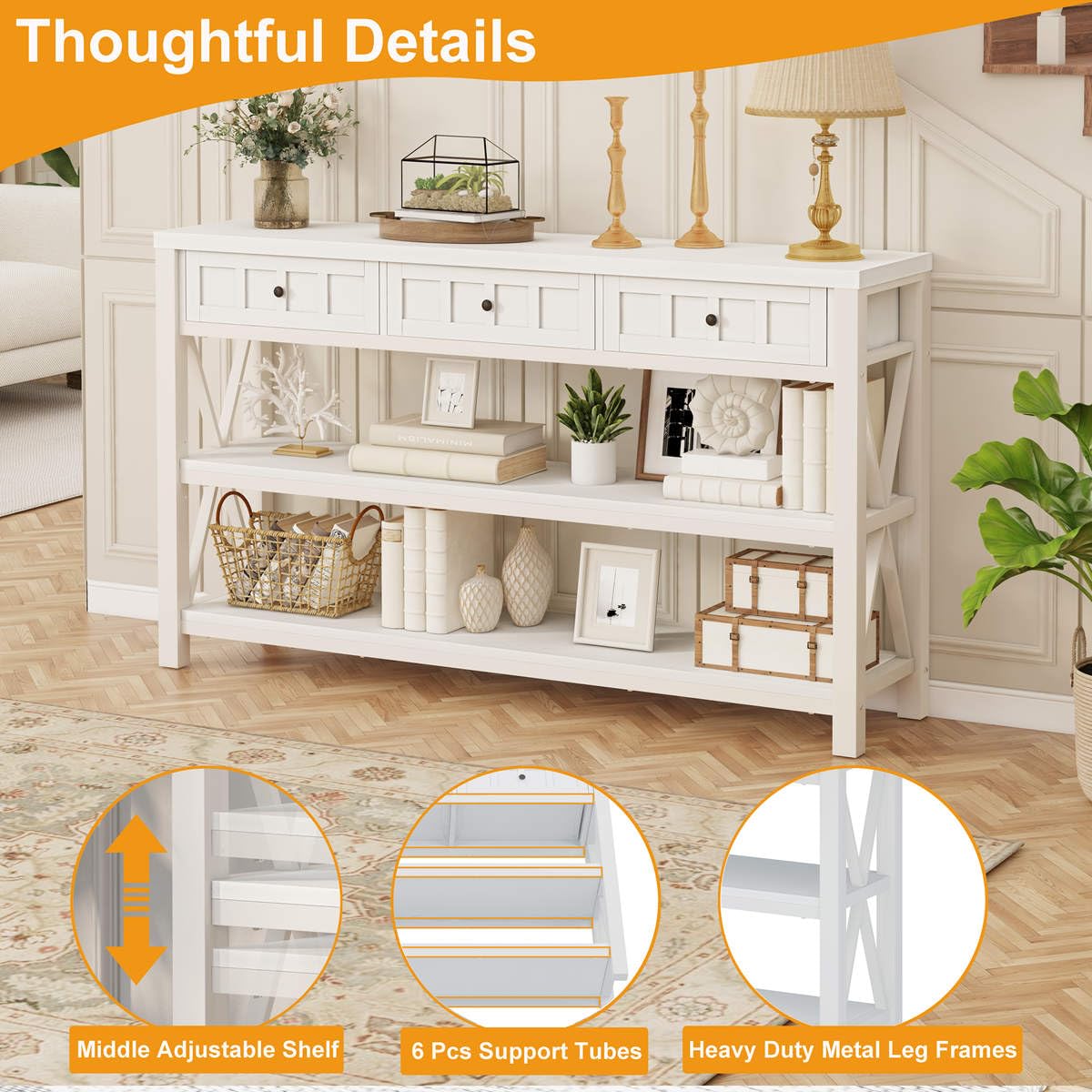 FATORRI Console Table for Entryway, Wood and Metal Sofa Table with 3 Drawers for Living Room, Farmhouse Hallway Tables and Modern Couch Tables Behind Sofa (54.72 Inch Long, White Oak)