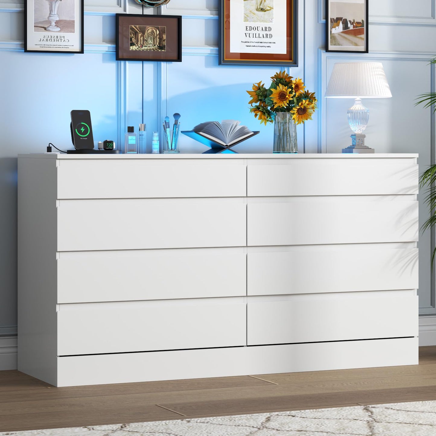 Gyfimoie 8 Drawer Dresser with Power Outlet, White Dresser for Bedroom Chest of Drawer with Glass Top & LED Light, Modern Double Wide Drawer Organizer Cabinet for Living Room (White)