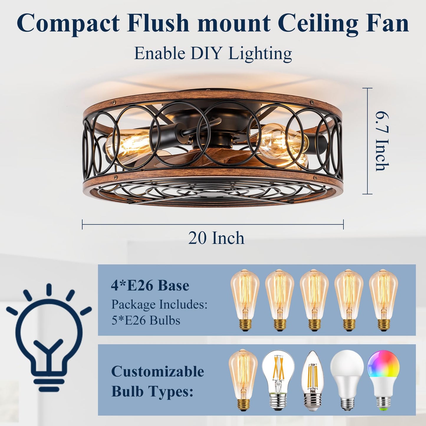 Farmhouse Ceiling Fans With Lights And Remote, 20 Low Profile Caged Lighting With Bladeless Fan, Rustic Flush Mount With E26 B