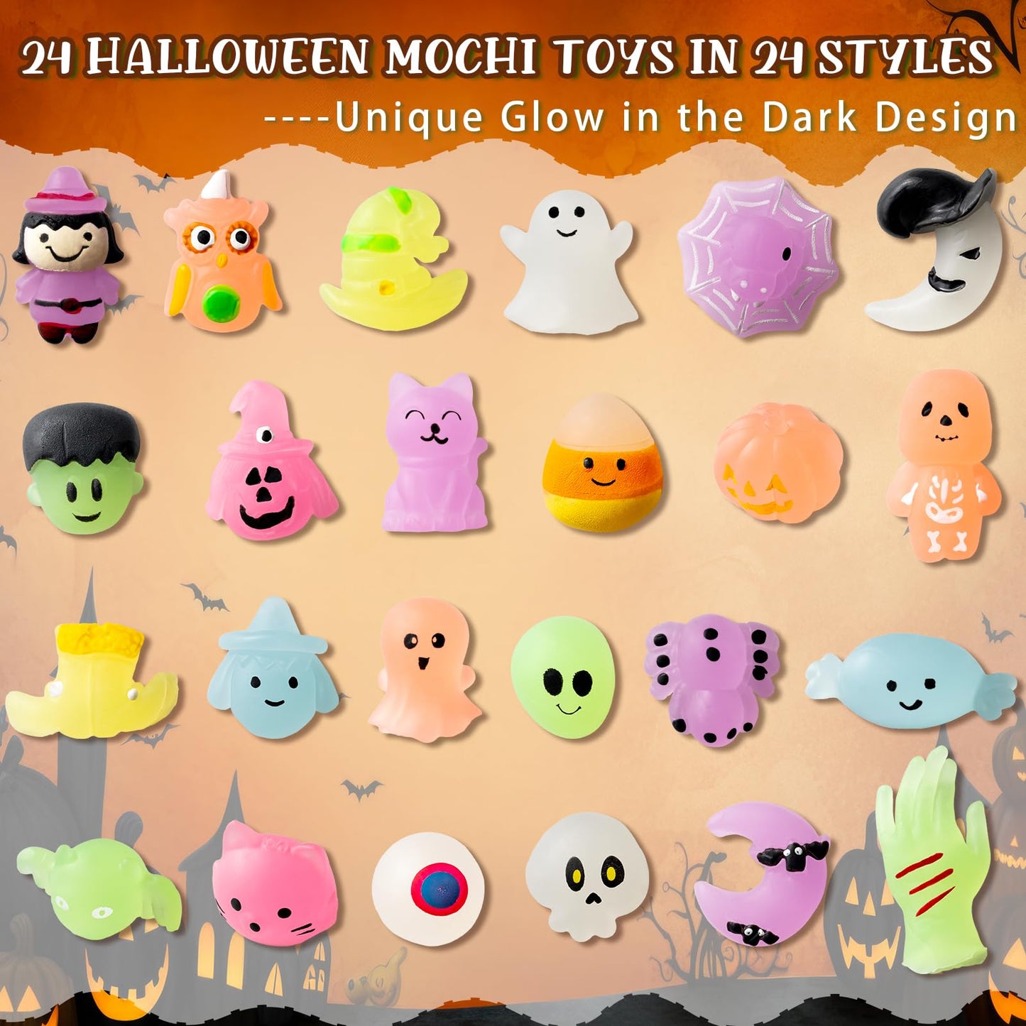 OOINQQ 24pcs Halloween Squishy Toys Glow in The Dark Mochi Squishy Stress Toys for Kids Teens Adults Halloween Party Favors Trick or Treat Goodie Bag Toys Classroom Prizes Gifts for Kids