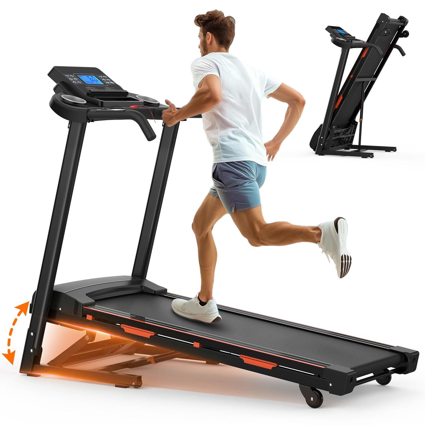 400 Lbs Foldable Treadmill with 15% Auto Incline, 3.25HP Treadmills for Home with Handlebars, Small Space Portable Running Walking Machine with Bluetooth APP & Pulse Monitor