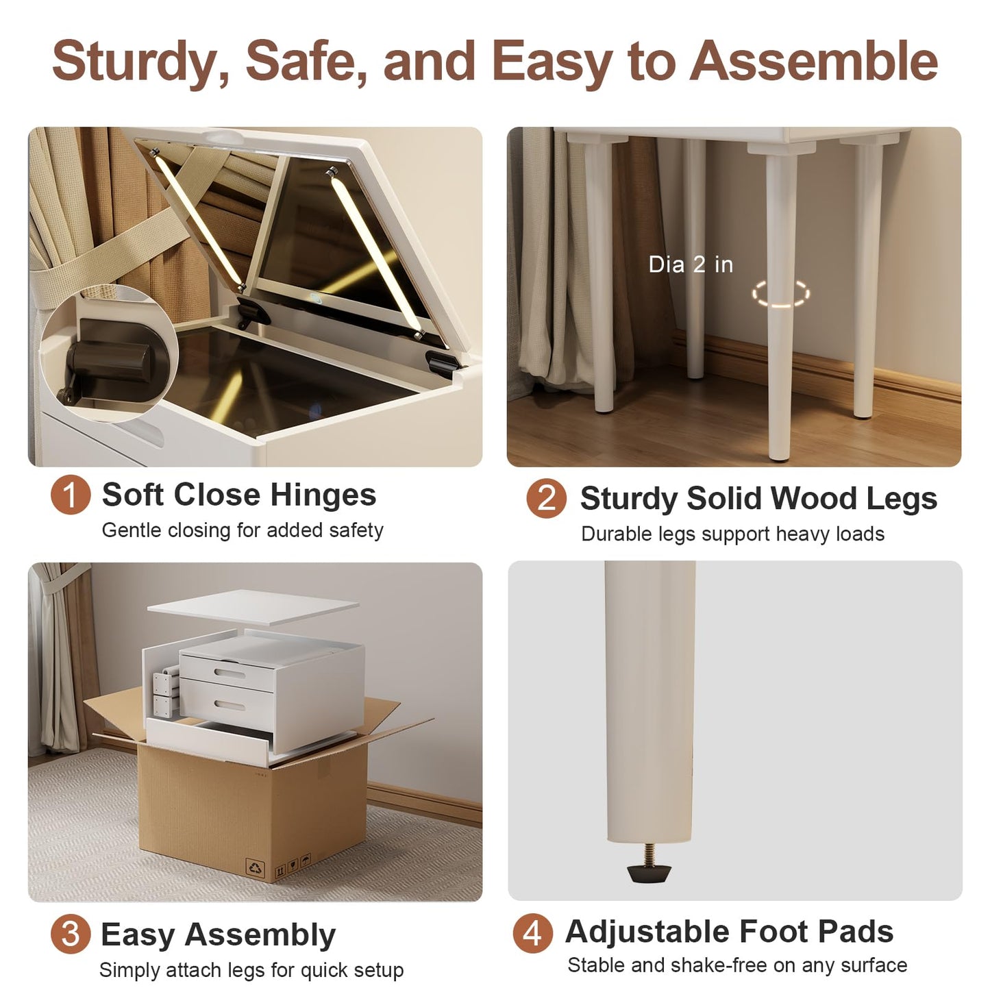 Muwuele Solid Wood Small Vanity Desk with Flip Top Mirror, Brightness Adjustable Lights, Compact Vanity with Glass Top and Drawers, Slim Dressing Table for Small Space, Bedroom, Living Room, White