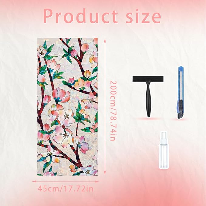 Peach Blossom Stained Glass Window Film Static Cling with Tools - 17.5 x 78.7 Inch Non-Adhesive Privacy Decorative Rainbow Film for Windows, Doors, Sidelights - Easy Install & Remove