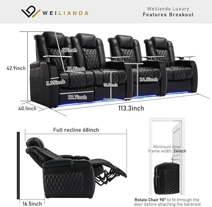 Weilianda Home Theater Seating Top Grain Leather Zero Gravity Recliner Chair Power Headrest Recline Movie Seat Gaming 7 Colors Mood Light Sofa with Tray Table USB Charge Row of 4 Loveseat Left Black