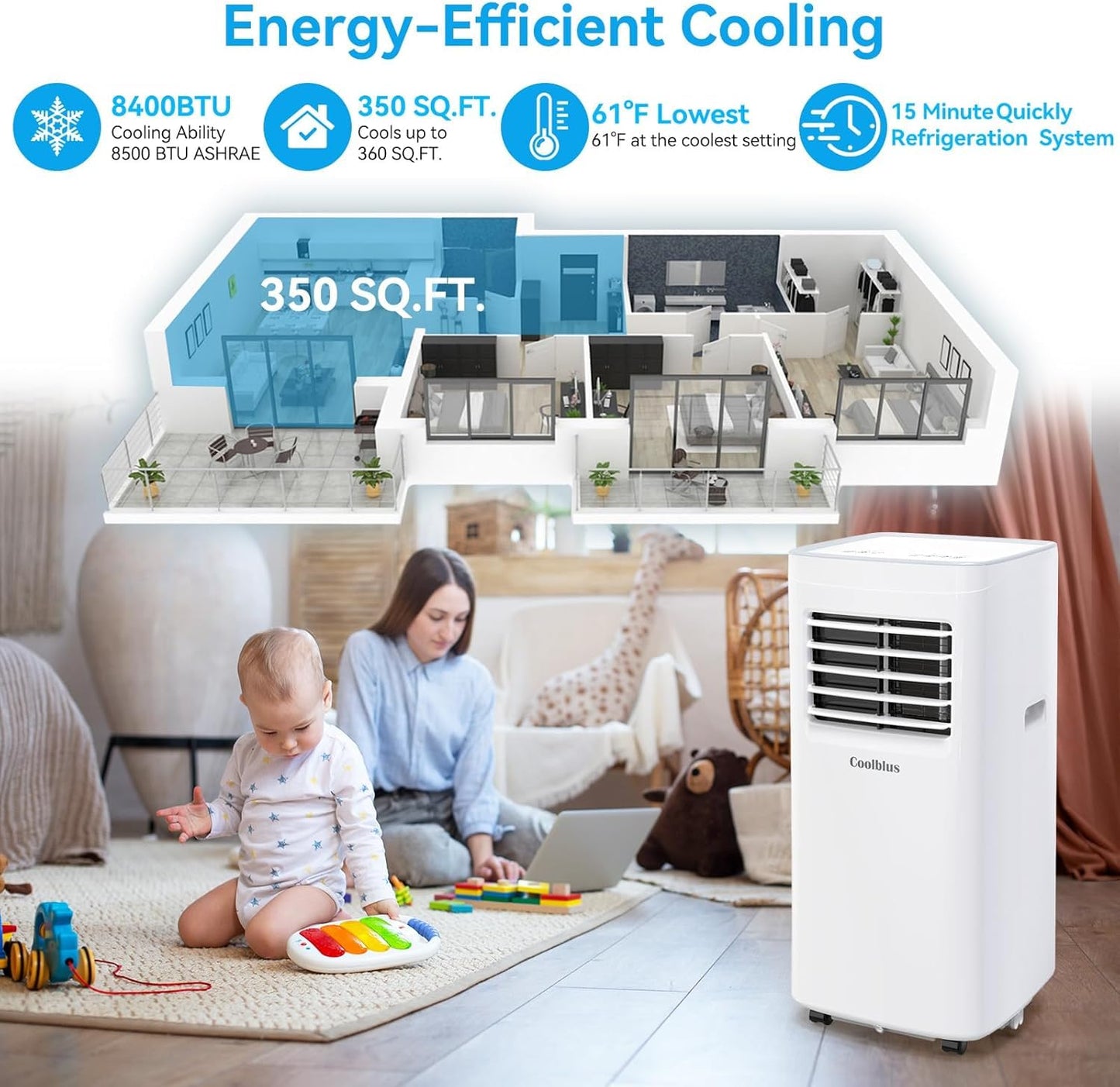 Coolblus Portable Air Conditioners, 8400 BTU air conditioner Cools Up to 350 Sq.Ft, 3 in 1 Portable AC with Remote, 24H Timer, Sleep Mode, Window Kit & Filter Brush, No Wall Required