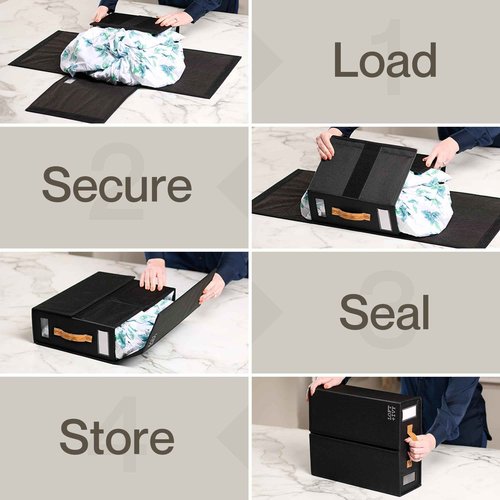 LOFT + IVY Sheet Organizers and Storage – Bed Sheet Holders Box for Linen Closet, Foldable Bedding Storage with Leather Handles, Label Slot, Closure – Black, 4-Pack