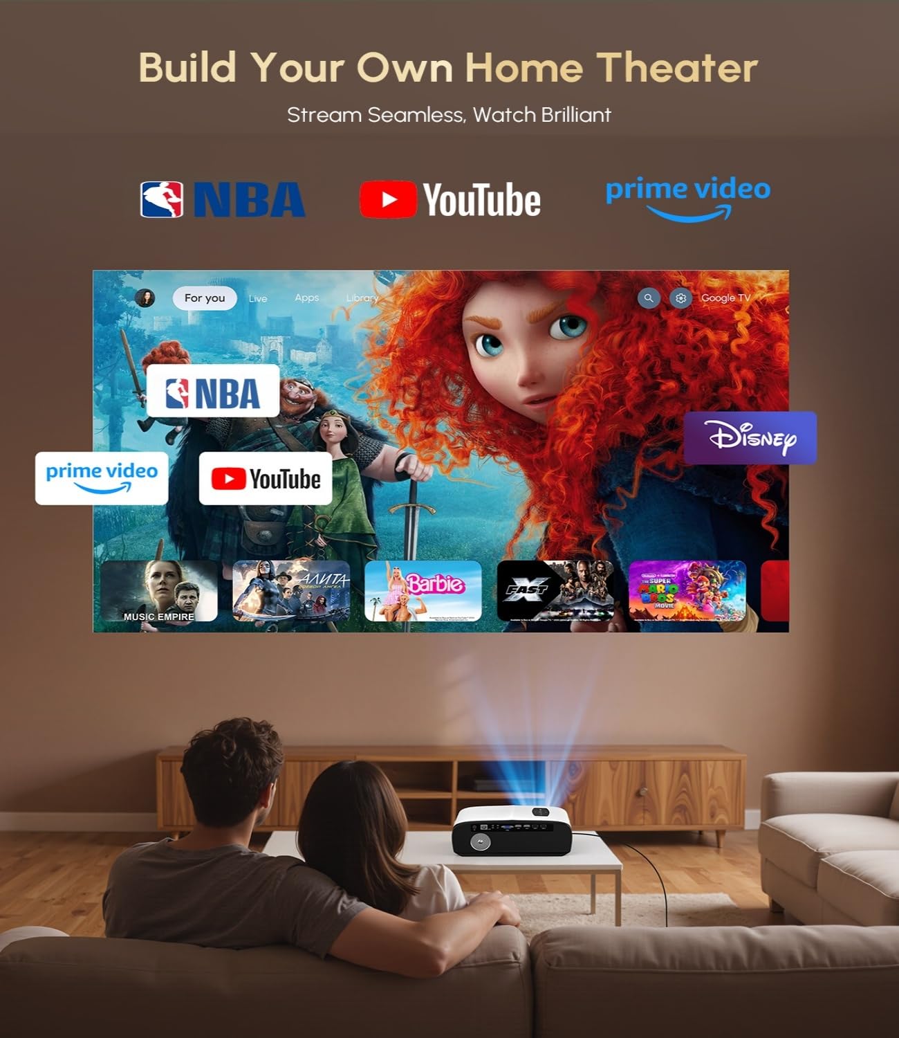 4K Projector with Screen Included, 2000 ANSI Bright Daytime Home Projectors, Auto Focus, 38W Speaker, WiFi Bluetooth, Smart Android TV, HDMI USB for PC Phones Game Consoles