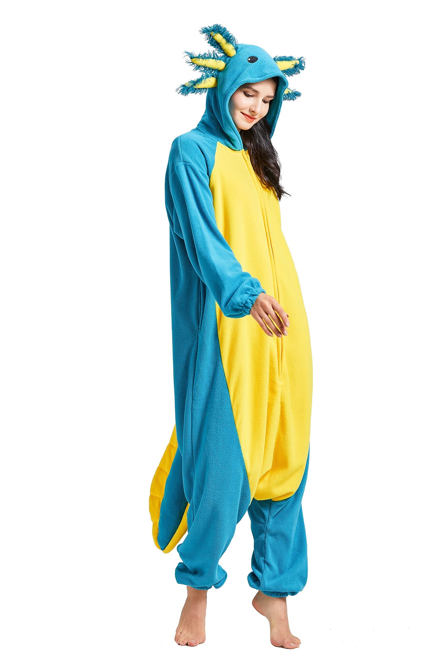 DELEY Unisex Adult Axolotl Onesie Pajamas, Flannel Animal One Piece Costume Sleepwear Halloween Cosplay Homewear Blue Axolotl