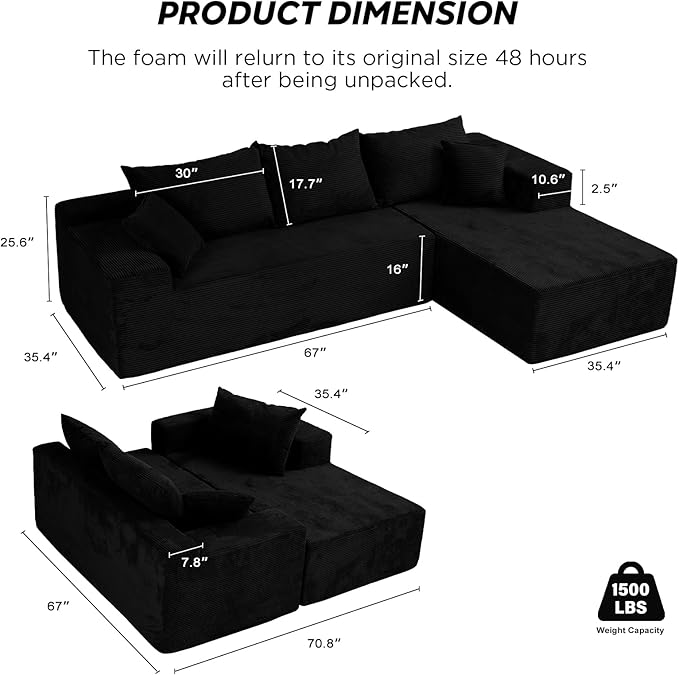 Black Cloud Couch Sectional Sofa in Box with L-Shape Chaise,Modern Modular Couches Upholstered with Deep Seat for Living Room,No Assembly Required