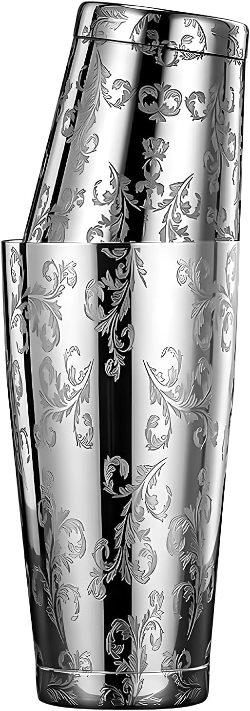 Cocktail Shaker Stainless Steel Boston Shaker Tin with Etched Pattern Martini Drink Shaker Professional (Style4)
