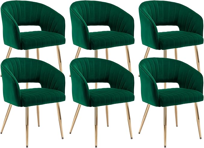 KCC Modern Accent Dining Chairs Set of 6, Upholstered Velvet Dining Room Chairs with Hollow Back, Tufted Kitchen Chairs Side Chairs with Gold Metal Legs for Living Room Restaurant, Green