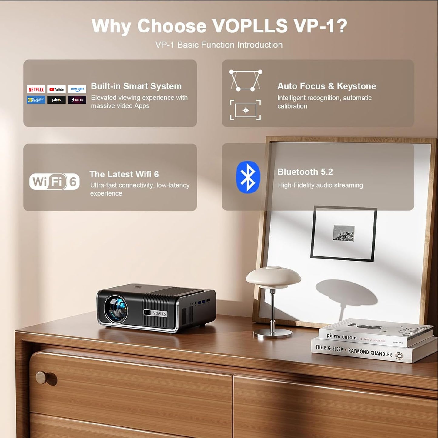 [2000 ANSI & Officially-Licensed APP] 4K Smart Projector with WiFi and Bluetooth, Auto Focus & Keystone, VOPLLS Native 1080P Portable Outdoor Projector, Mini Movie Proyector for Bedroom/Home