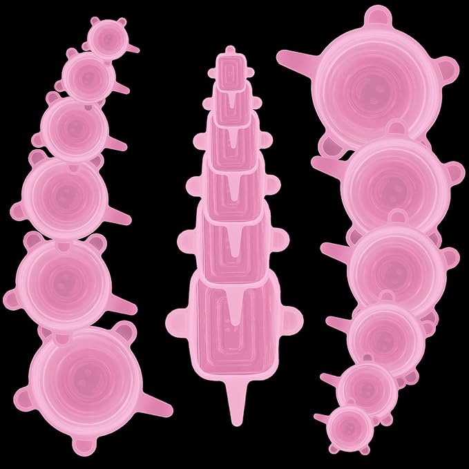Reusable Silicone Stretch Lids – 18PCS Round & Square Stretchy Food Covers, Airtight & Leakproof, Microwave & Dishwasher Safe Pink