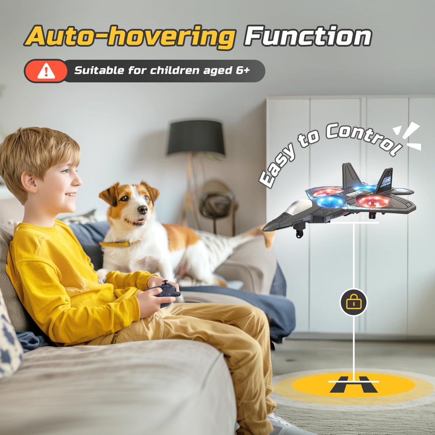 Foam RC Plane Drone for Kids, Remote Control Airplane Fighter Jet with LED Light, Auto Hover, 360°Flip, 2 Batteries (16 Mins Flight), Easy to Fly for Beginners