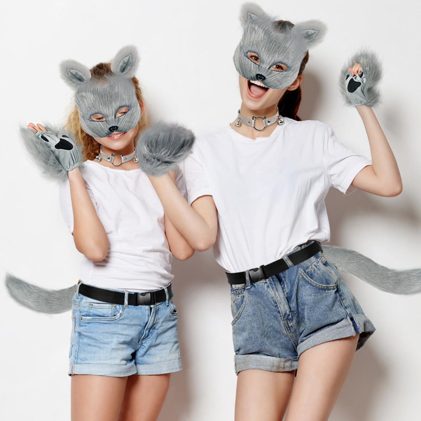 Yinhua Gray Therian Mask and Tail Kit Faux Furrfy Fox Mask Cat Paws Gloves and Ears for Kid & Adult Halloween Cosplay Party