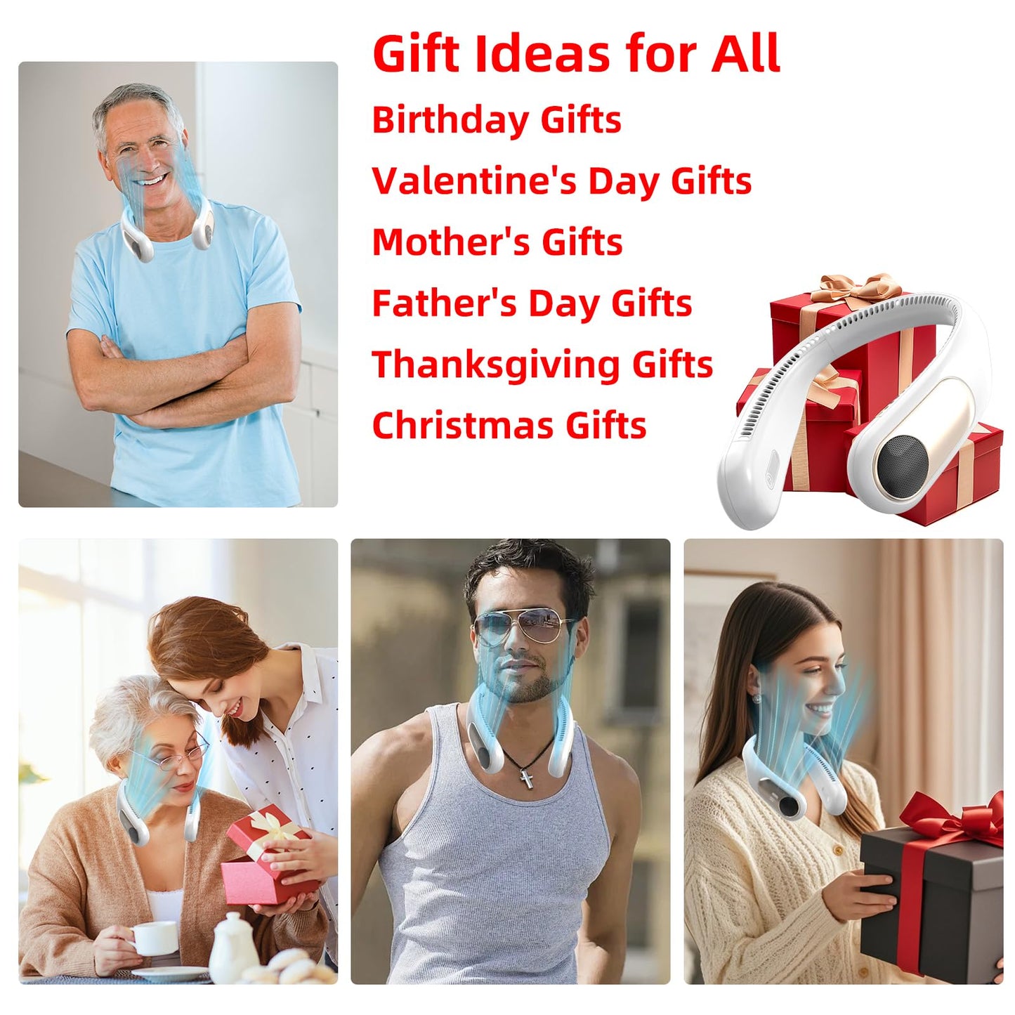 Portable Neck Fan,Personal Wearable Bladeless Fan,LED Display,4-Speeds,6000mAh USB Rechargeable,360° Strong Cooling Wind,Hands Free,Long Lasting,Birthday Gifts for Men Women Dad Mom (White)