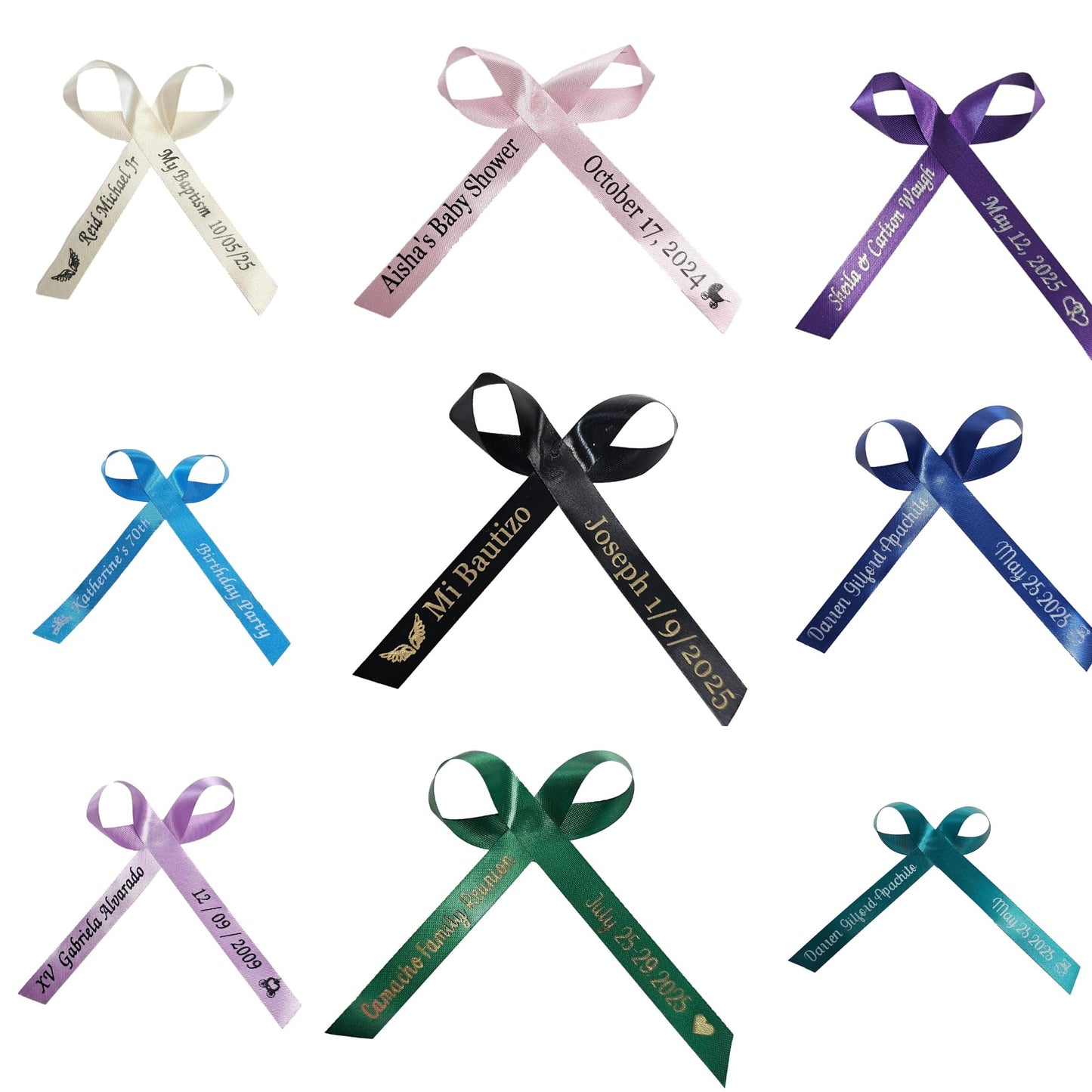 Personalized Ribbons for Bridal Shower Wedding Party Favors or Baby Showers - Custom Made Cut Ribbon Name 50 100 Optional Assembled Bows Safety Pins