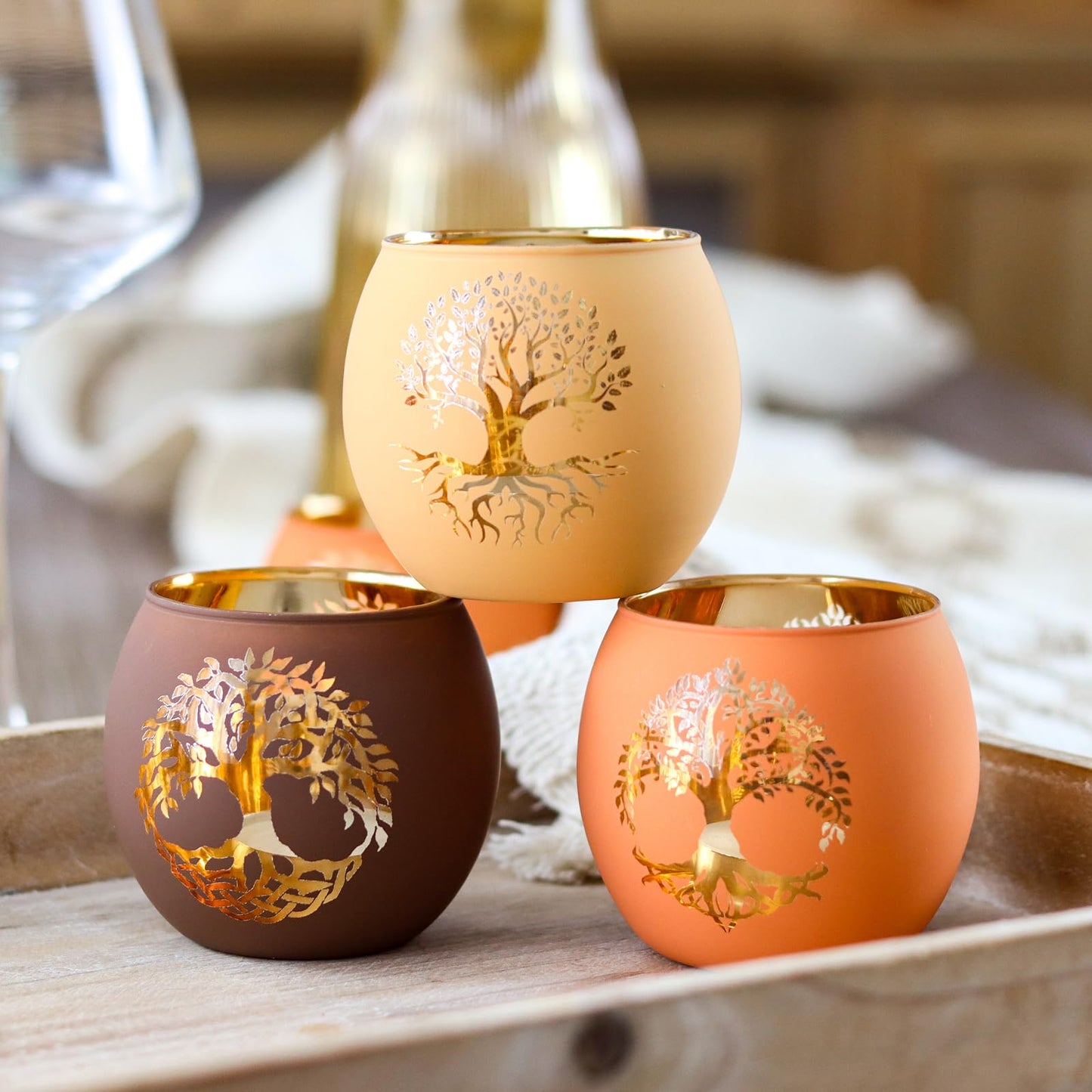 SHMILMH Fall Votive Candle Holders 6 PCS Tree of Life Glass Tea Light Candle Holders Wedding Centerpiece Decorations for Reception, Birthday Party, Bridal Shower Fall Table Decor