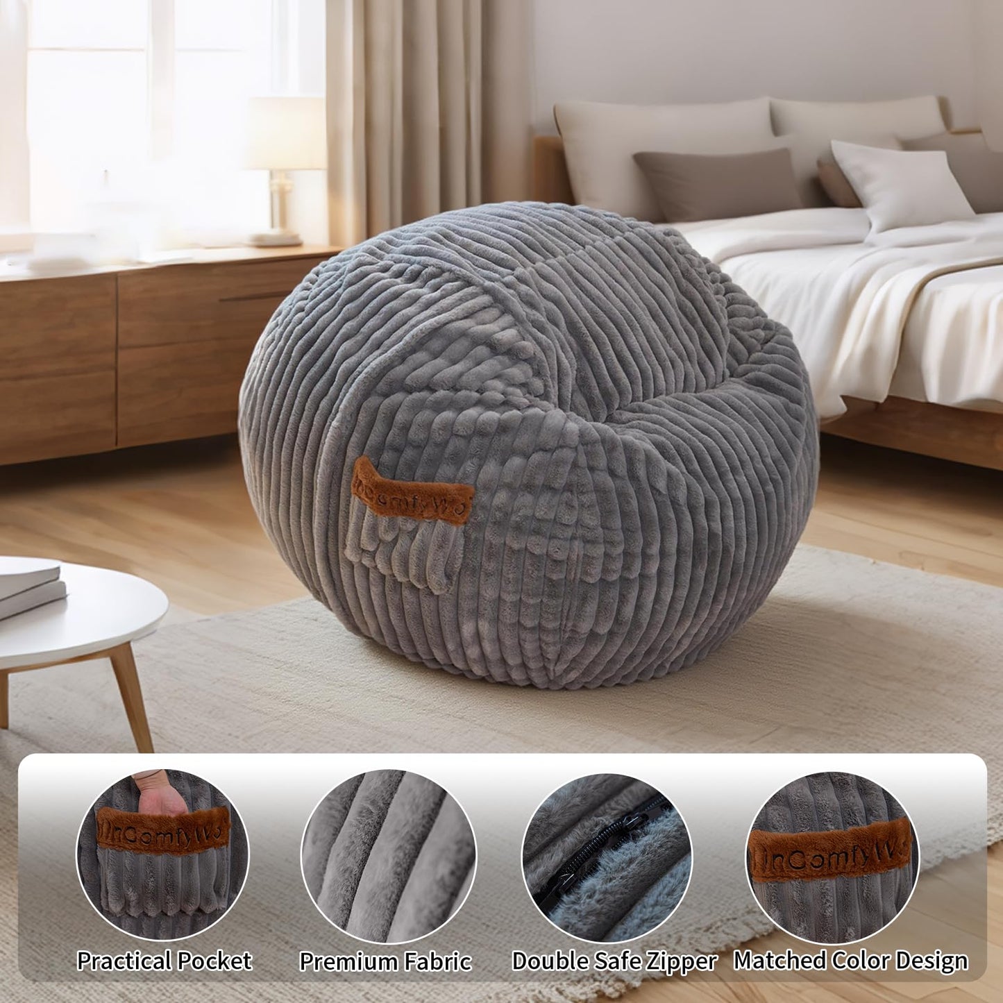 MinComfyWo 4ft Bean Bags Chair for Adults, Giant Beanbag Chair with Memory Foam Filled, Soft Comfy Large Bean Bag Couch Big Sofa Bed for Living Room Bedroom (Grey)