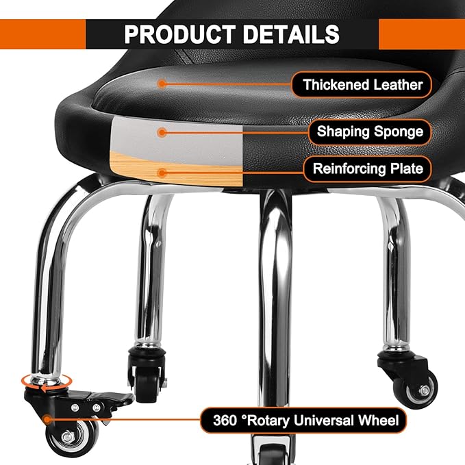FLOLXNB Low Stool with Back, Low Height Rolling Chair, Low Stool with Wheels for Garage Shop Home Office,L