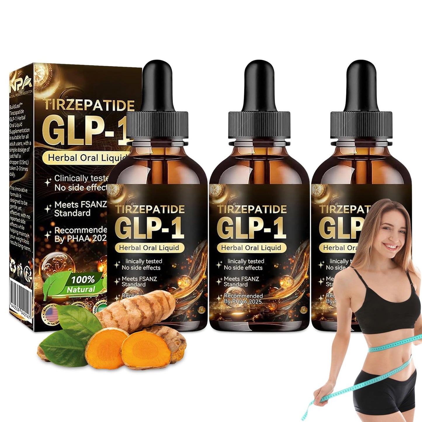 3PC GLP-1 Herbal Moringa Drops, Natural Advanced Body Care Liquids Drop, Organic Moringa GLP-1 Firming Skin for Women and Men