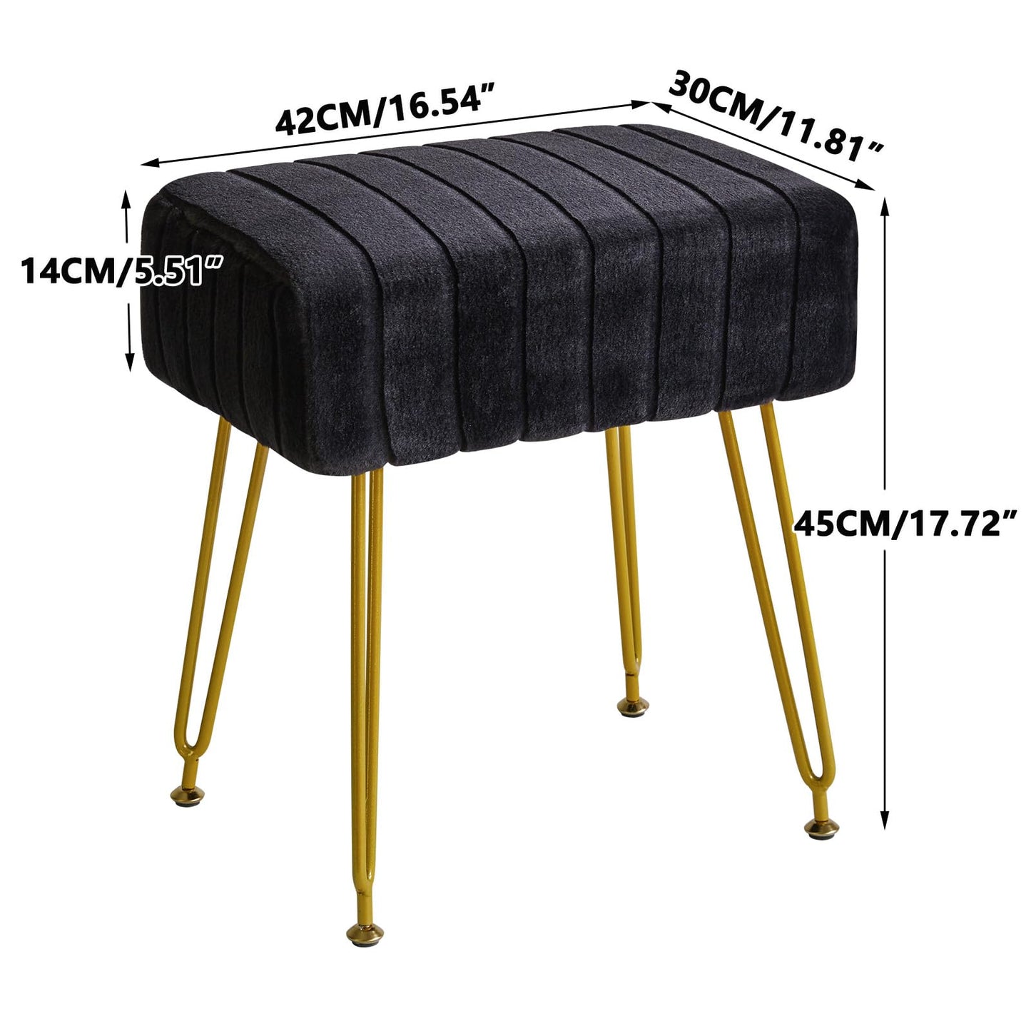IBUYKE Velvet Rectangular Footrest Ottoman, Makeup Vanity Stool Side Table, Dressing Table Seat, Pouf Couch Stool, Golden Steel Legs, Black LG-51B
