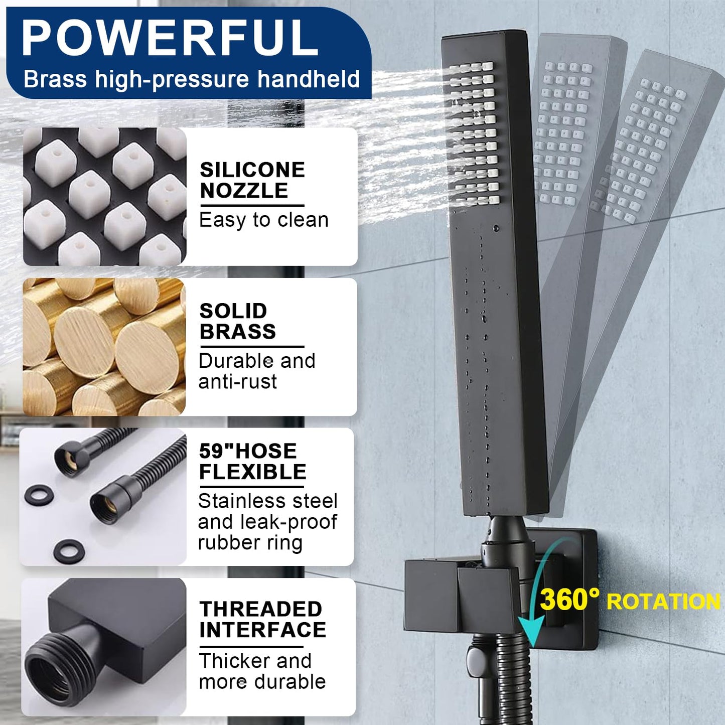 NPYSVSSS Dual Shower Heads Shower System with 16" Ceiling Mounted Rain Shower Head & 6" Wall Mounted Head Full Body Shower System 3 Way Thermostatic Shower Valve Can All Run Together, Matte Black
