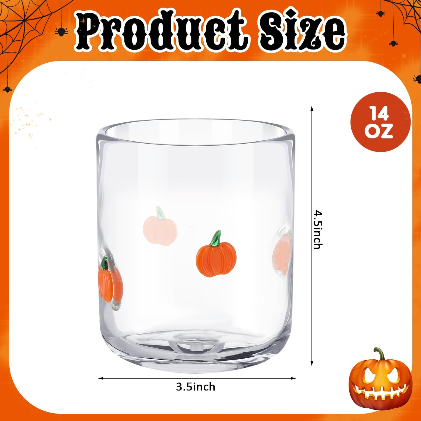 SiliFine 2 Pcs Pumpkin Icon Juice Glasses, 14 oz Fall Pumpkin Stemless Wine Drinking Coffee Glass Cup for Halloween Thanksgiving Day Party Supplies & Gift