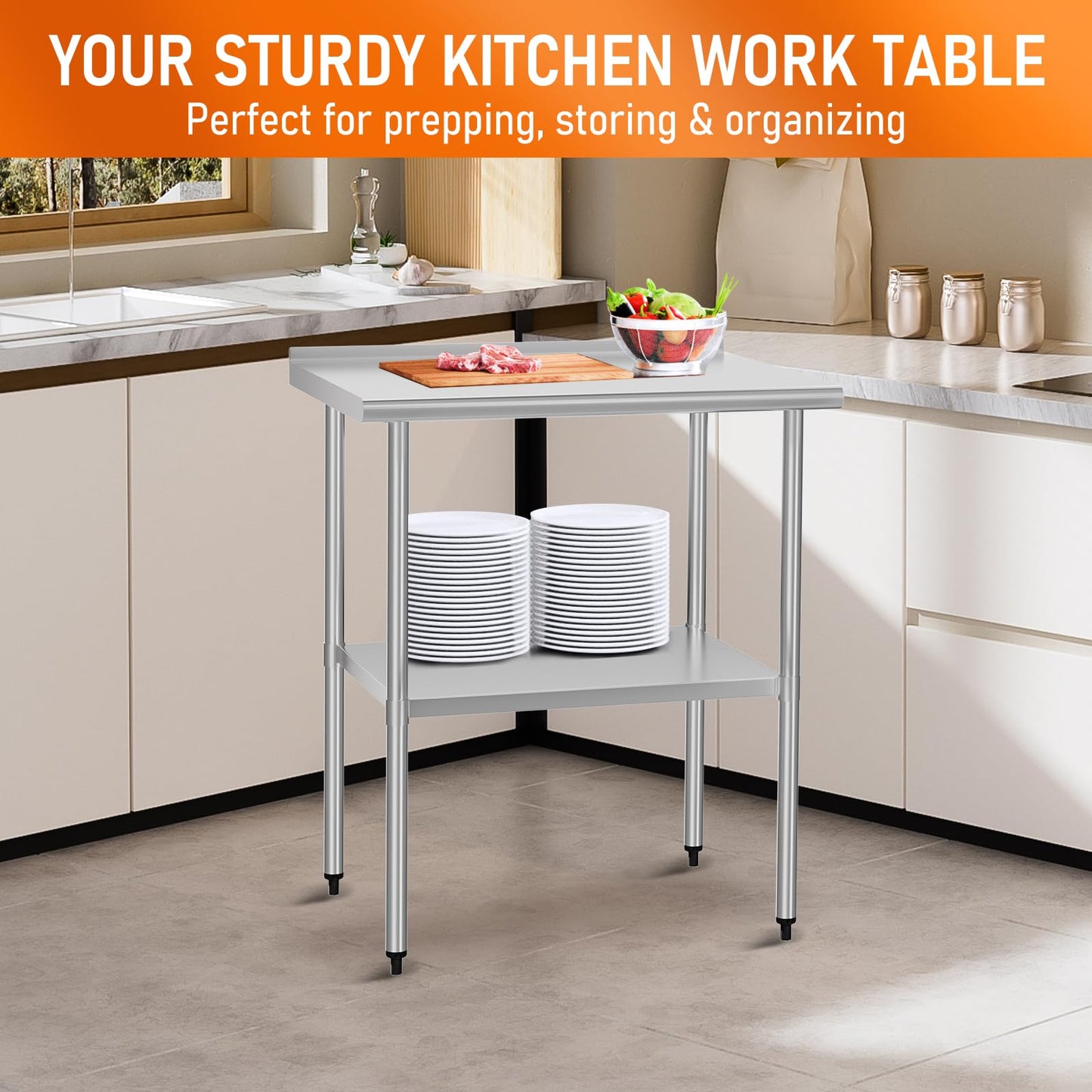 HOCCOT Stainless Steel Table 24" x 36" with Adjustable Undershelf and Backsplash, Commercial Metal Workstations for Kitchen, Garage, Outdoor BBQ