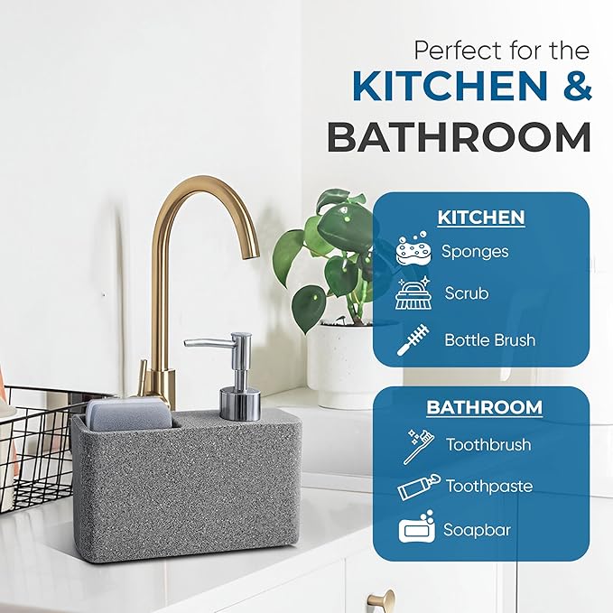 Havara Dish Soap Dispenser with Sponge Holder, Granite Resin Kitchen Soap Pump, One-Handed Non-Slip Countertop Dispenser for Kitchen Sink