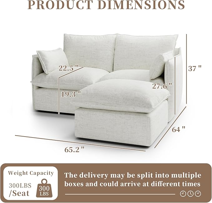Gtilzria Waterproof Cloud Sectional Couches,High Backrest Down Filled Sofa for Living Room,Modular Sofas 2 Seater with Ottoman,Detachable Couch Covers,Cream White