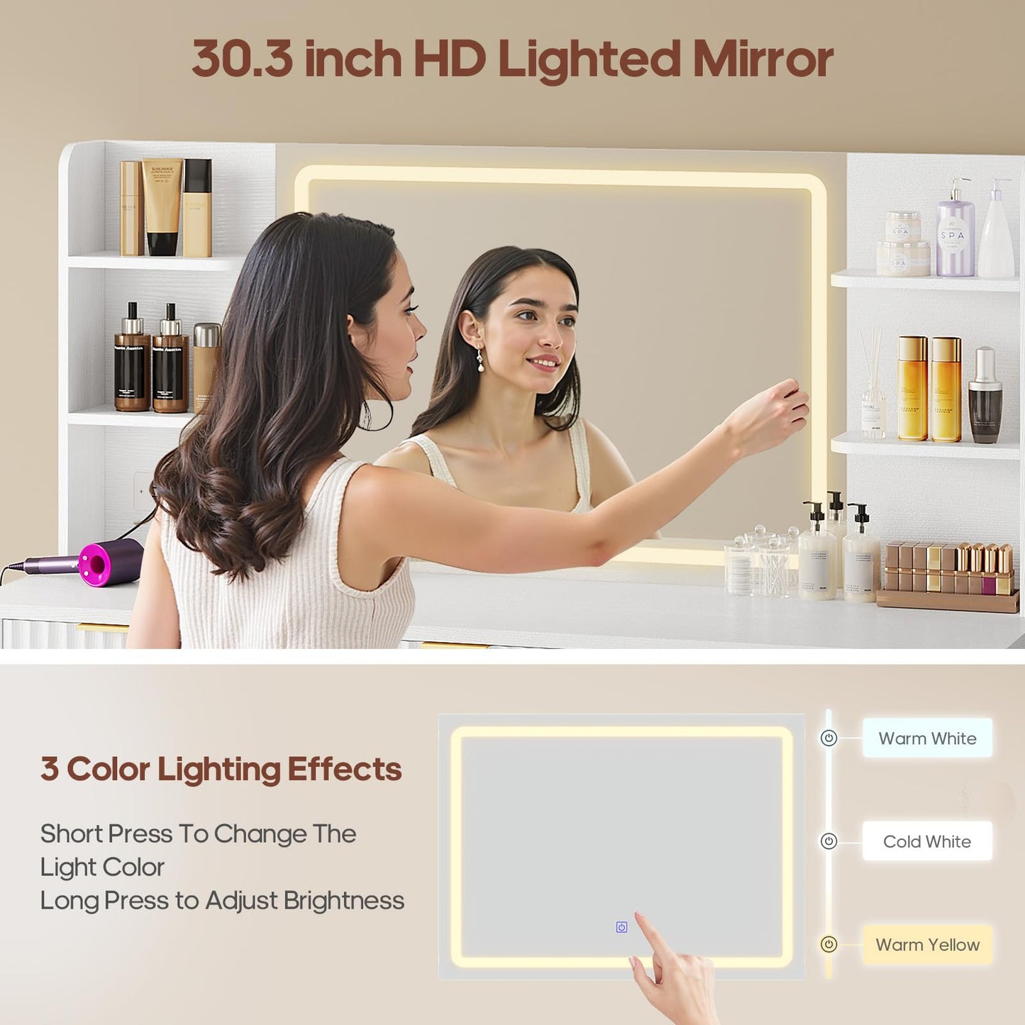HAUOMS 51.2" Fluted Makeup Vanity Desk with Large 30.3" Mirror and Lights, 5 Drawer Vanity with Power Strip, 6 Open Shelves, 2 Cabinet，Modern Dressing Table with Solid Wood Legs for Bedroom, White