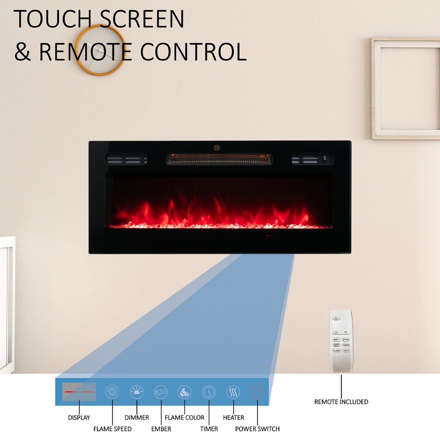 FULEIWO 30 Inch Recessed and Wall Mounted Electric Fireplace, Ultra-Thin Fireplace Heater with Remote Control, 12 Colors Adjustable Flame, Timer, 750W/1500W for Living Room Bedroom, Black