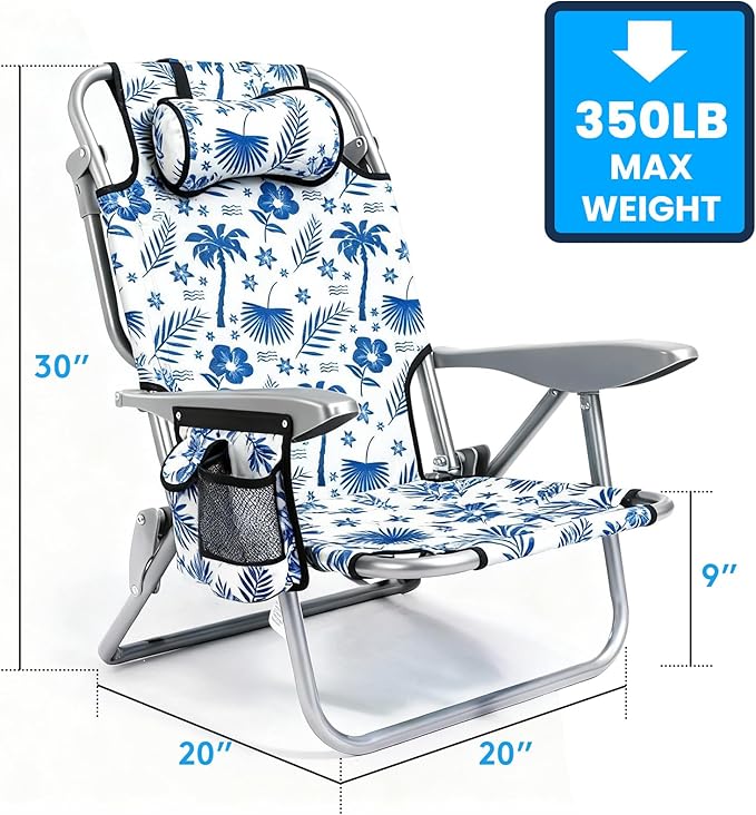 Canpsky Portable Beach Chair for Adults, Outdoor Camping Chair Lay Flat Folding Backpack Beach Reclining Chair with 5 Positions, Headrest, Cup Holder, Heavy Blue Coconut Tree