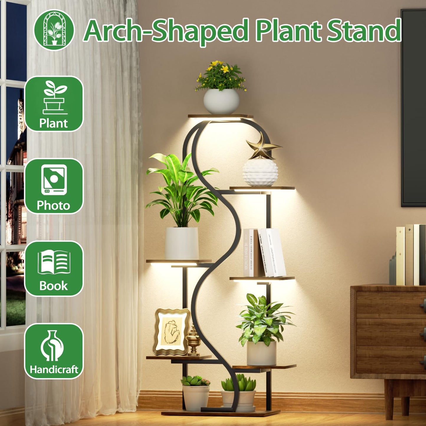 Plant Stand Indoor with Grow Lights - 48" Tall Plant Shelf Indoor, 7 Tiered Corner Plant Stands for Indoor Plants, Lighted S-Shaped Flower Holder Stand, Display Rack for Living Room, Balcony（Black)