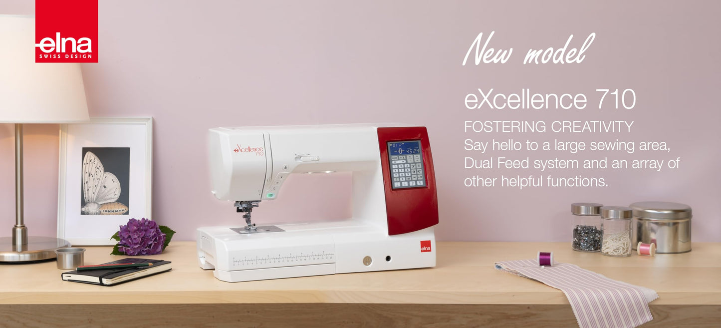 Elna eXcellence 710 Computerized Sewing and Quilting Machine, 11" sewing bed, Include Advanced Dual Feed System, 15 Included Presser Feet, and No Assembly
