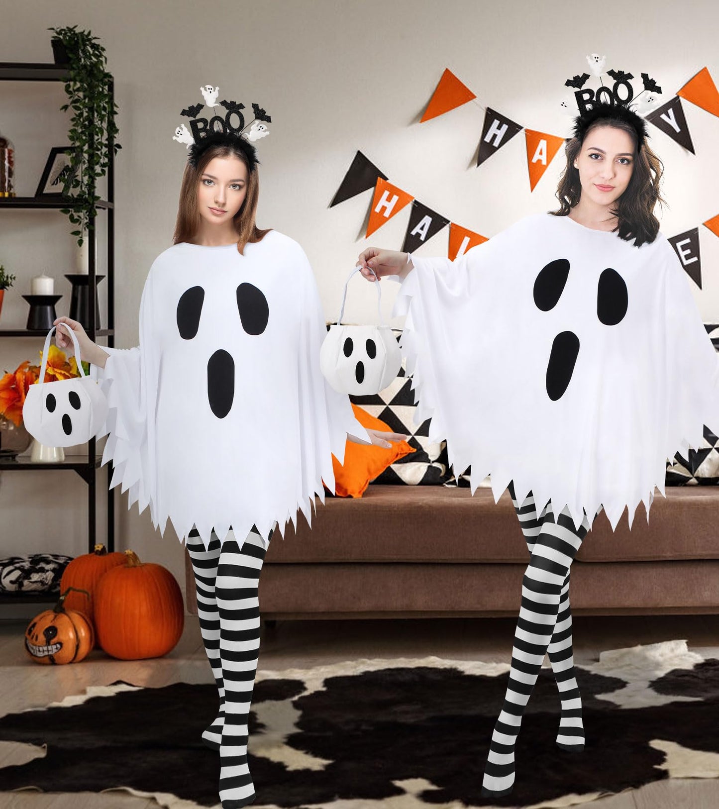 Snwquik 4 Pcs Ghost Costume Adult with Accessories,Ghost Costume Women Poncho/Bag/Headband/Tights Halloween Cosplay