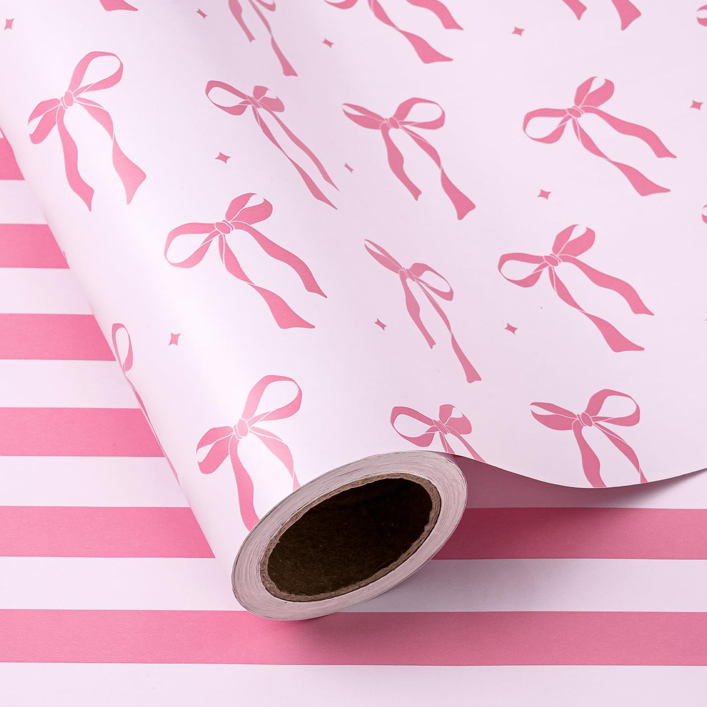 WRAPAHOLIC 30 Inch Jumbo Reversible Pink Bow Wrapping Paper Roll - 30 Inch x 33 Feet - Pink Ribbon Bow and Stripes Design Perfect for Girls Birthday, Baby Shower, Bachelorette Party