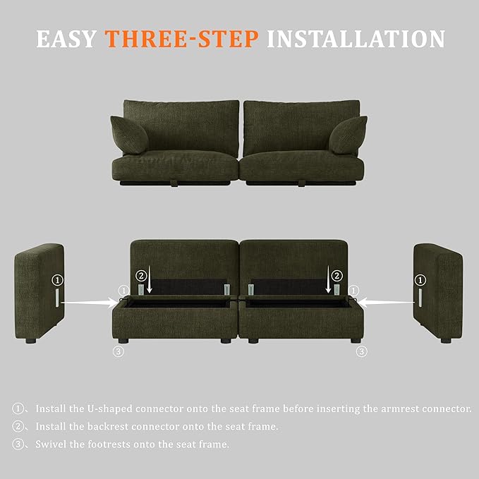 Cloud Modular Sectional Sofa Couch with Storage Ottoman, 99" Oversized Sectional Couches for Living Room, Cloud Modular L-Shaped Sofa with Chaise, 4 Seater, Chenille, Green