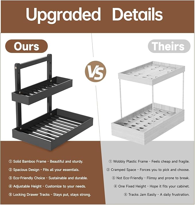 Bamboo Under Sink Organizer - 2 Tier Pull Out Cabinet Shelves with Adjustable Height, Undersink Storage Slide Out for Kitchen Bathroom Cabinet Pantry Black