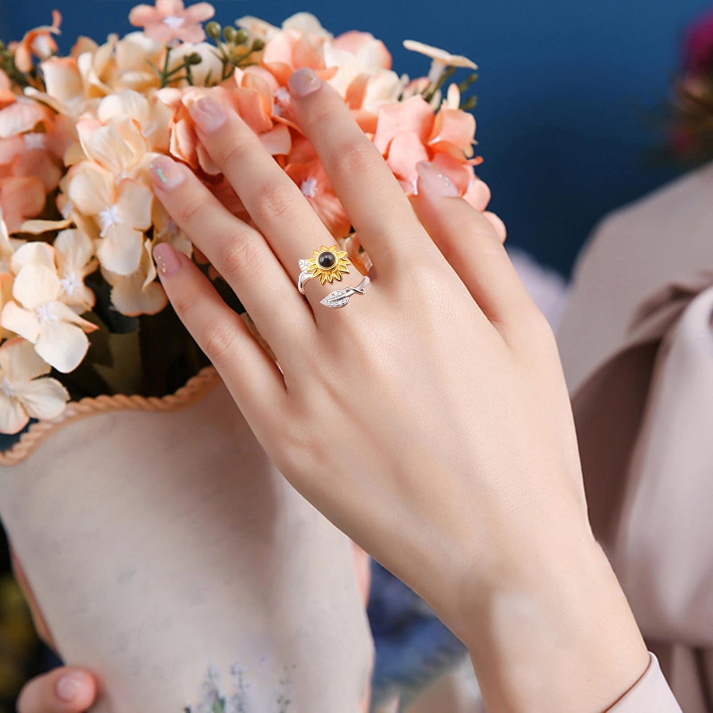 DAOCHONG Sterling Silver You are My Sunshine Sunflower CZ Ring 100 Languages I Love You Stone Ring 6