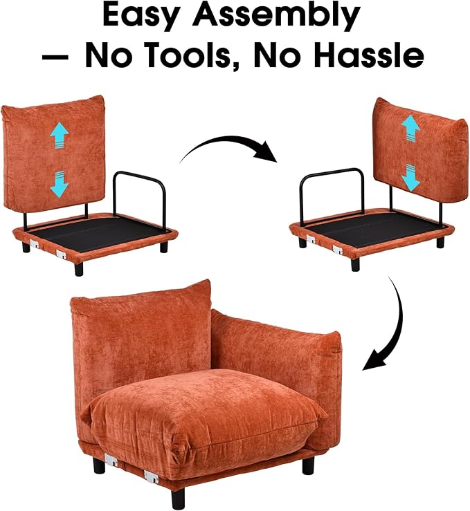Modern Minimalist Chenille Modular Sectional Sofa, Deep-Seat 3-Seater L-Shaped Couch with Movable Ottoman and Thick Cushions, Upholstered Sofa for Living Room, Bedroom, Office, Apartment Orange L Sofa