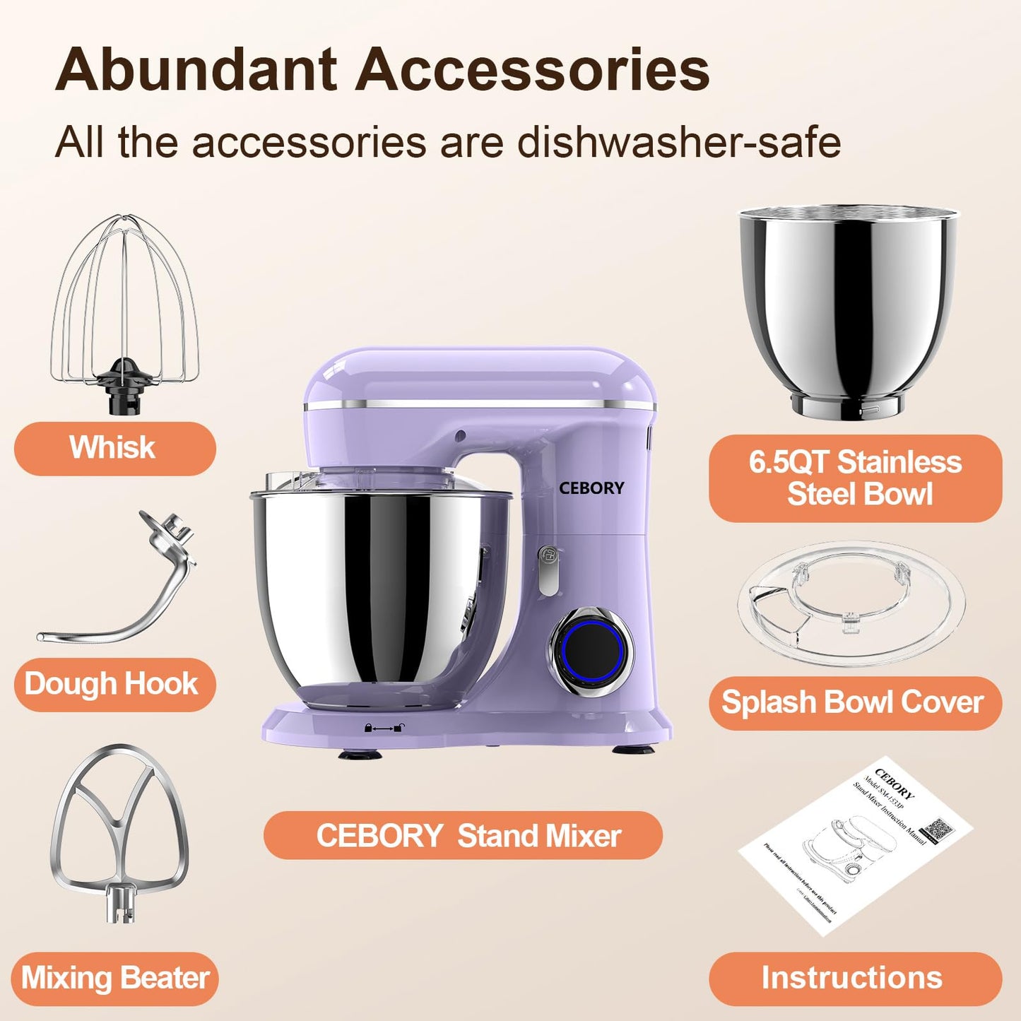 CEBORY 3-IN-1 Electric Stand Mixer, 6.5QT Bowl 660W 10-Speed Kitchen Mixer, Household Food Mixers include Dough Hook, Beater and Whisk, Bread Cake Mixer for Baking and Most Home Cooks, Purple