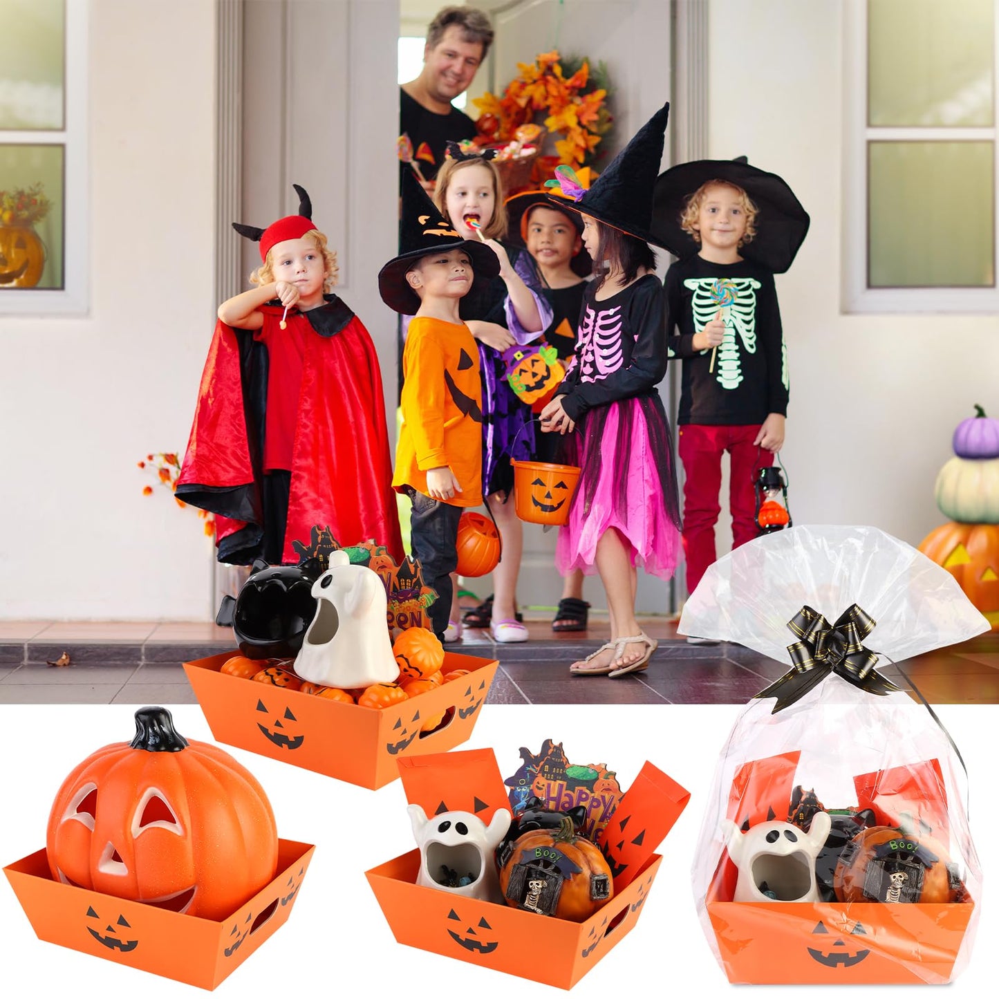 Kolewo4ever 36Pcs 12 Pack Halloween Basket Boo Basket Set 8x10inch Pumpkin Baskets for Gifts Empty to Fill with Baskets Empty Bags Pull Bows for Halloween Holiday