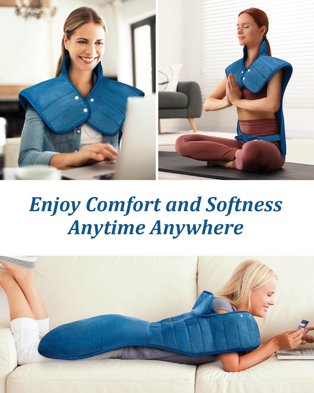 Heating Pad for Neck and Shoulders and Back, Birthday Gifts for Women Men Mom Dad Wife, Weighted Heating Pad for Back Pain Relief, Electric Heat Pad 6 Heat Settings 4 Timers Auto-Off, 22" x 37" Blue