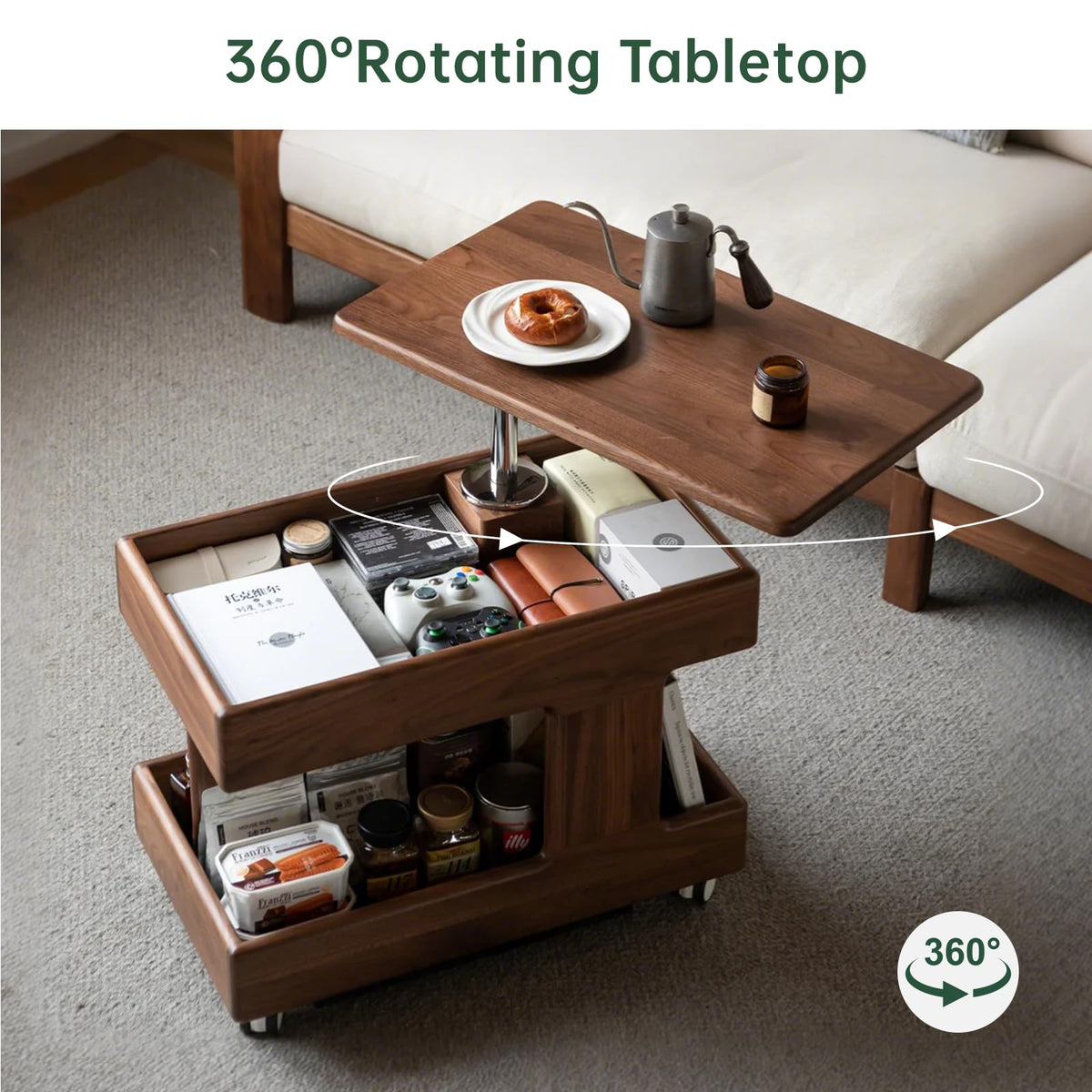 Vadisun 100% Solid Wood Lift Top Coffee Table, Small Bedside Table with Rolling Wheels, Adjustable Side Table for Dining Room, Recliner and Small Places(Walnut, Fully Assembled Furniture)