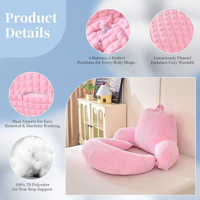 PAJEO Reading Pillow for Bed,U Shaped & Back Support Pillow for Bed,19" Backrest with Lumbar & Arm Support,Comfy Flannel Fabric,Lap Pillow for Gaming/Reading/Watching TV,Pink