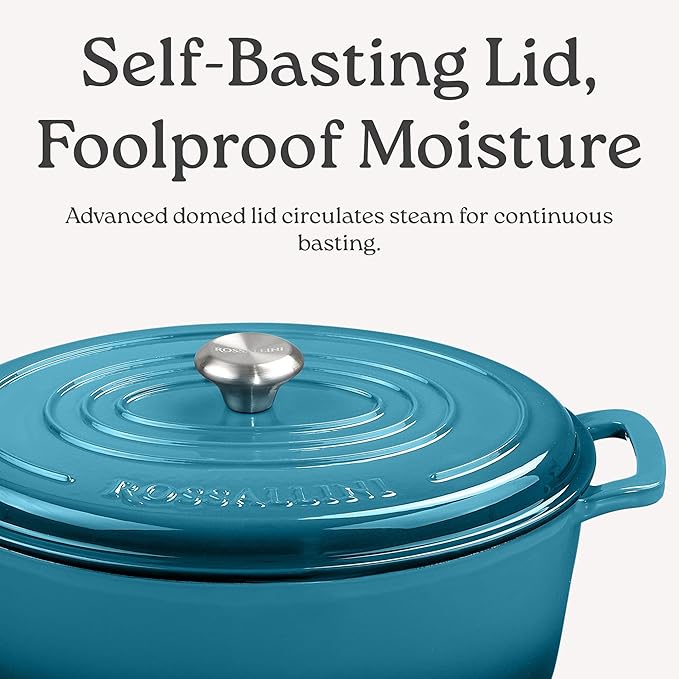 Signature Enameled Cast Iron Oval Dutch Oven | Non-Stick Serving Pot with Tight Fitting Lid for Perfect Roasting, Baking, Sauteing, and Bread Making | 15.5Q [Ocean Blue]