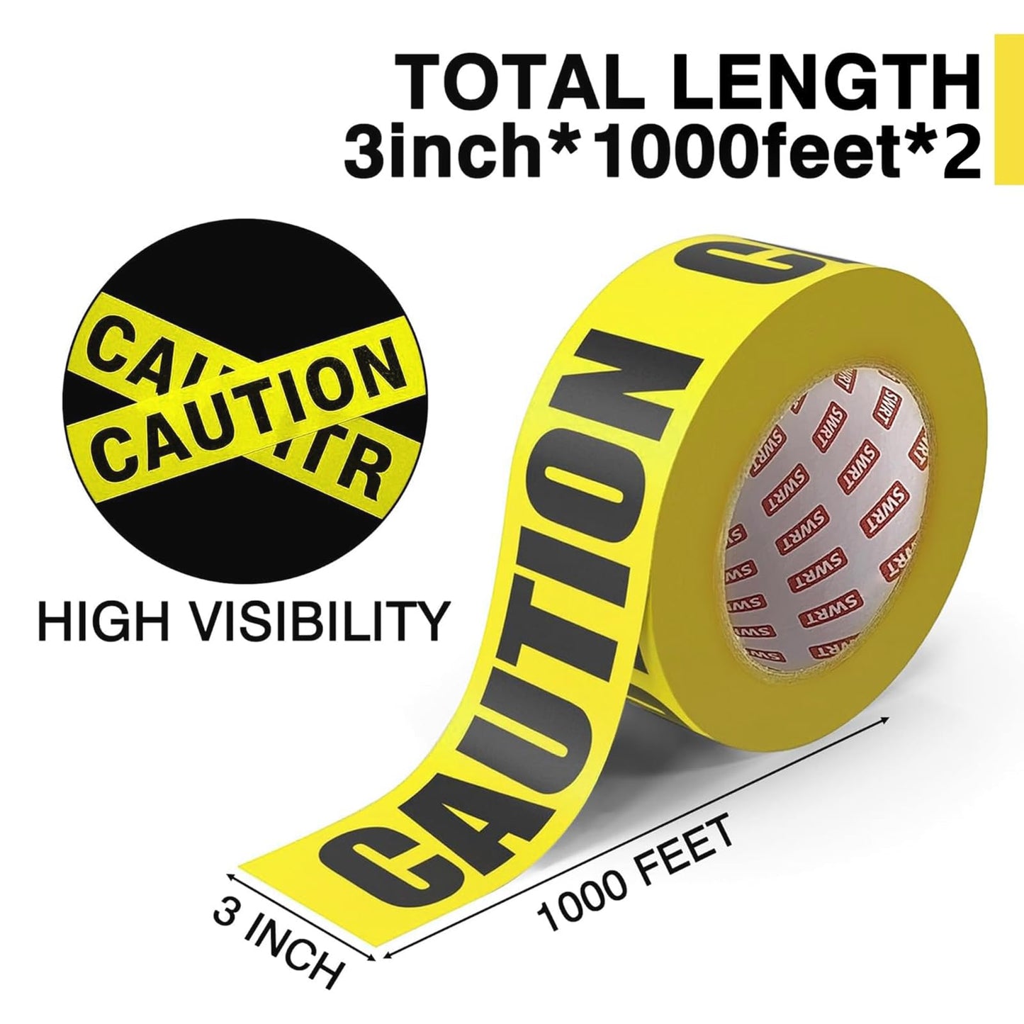 SWRT 2 Rolls Premium Yellow Caution Tape, 3 Inch x 1000FT(Total 2000FT) Bright Hazard Tape with Bold Black Text for Danger Zones/Sporting Events, Construction Tape for Crime Scenes/Halloween Decor