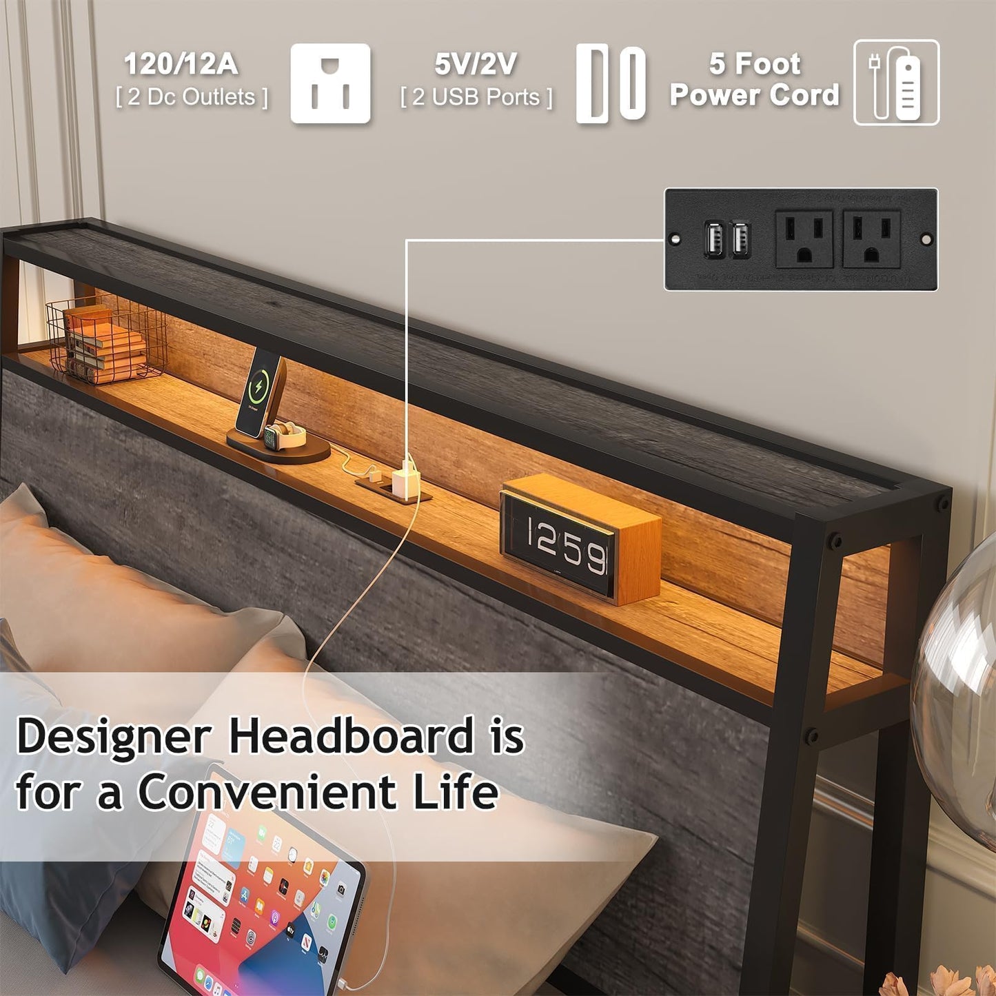 Twin Bed Frame with LED Lights and Charging Station, Twin Size Bed Frames with Ergonomic Storage Headboard, Heavy Duty Metal Slats Support, No Box Spring Needed, Noise-Free, Easy Assembly, Grey